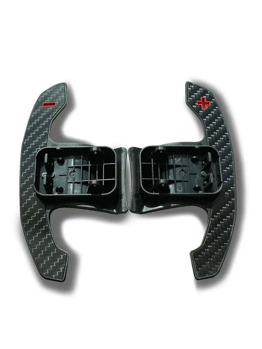 Carbon fiber váltófül pár tartókkal, piros +/- jelöléssel, elölnézetből (MP Style) – BMW F87 M2