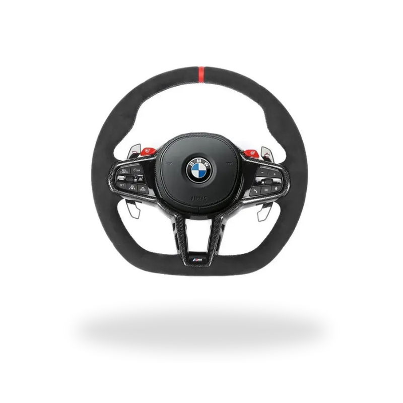 Alcantara kormány piros váltófülekkel, elölnézetből (2025 LCI Style) – BMW F széria