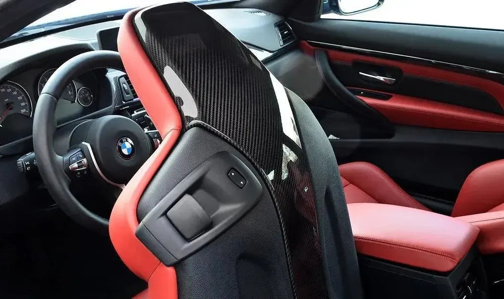 Carbon ülés háttámla borítás piros-fekete M ülésen, oldalnézet – BMW M3/M4