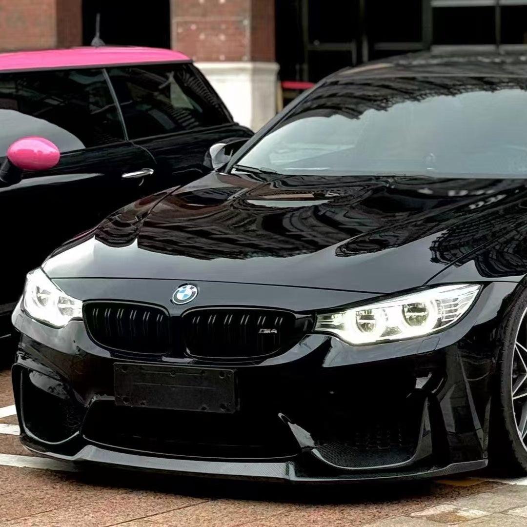 Black BMW F82 M4 front close-up, fitted carbon front lip (CS Style)