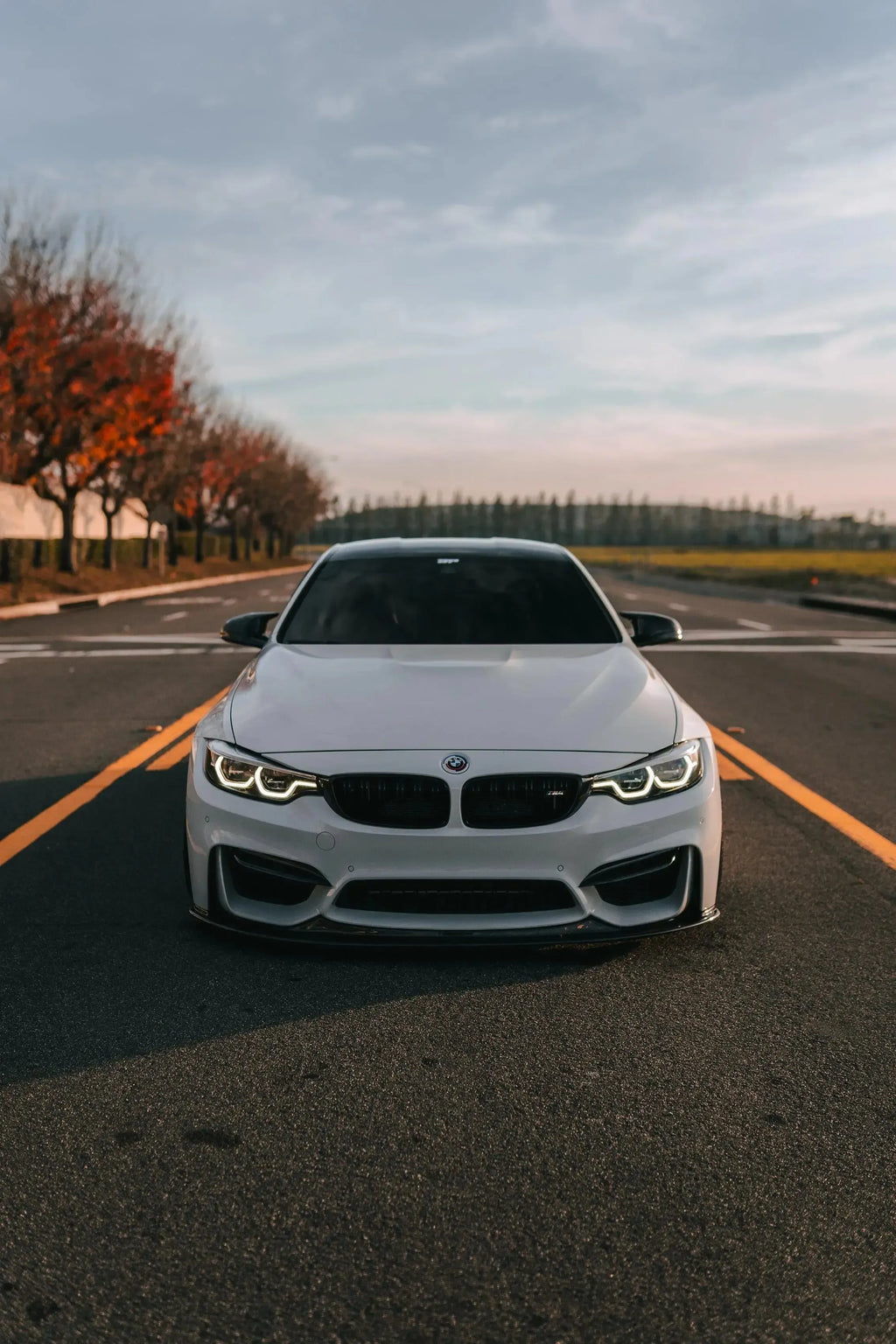 Carbon fiber front lip (K Style) on the front of a white BMW F82 M4, front view on the road