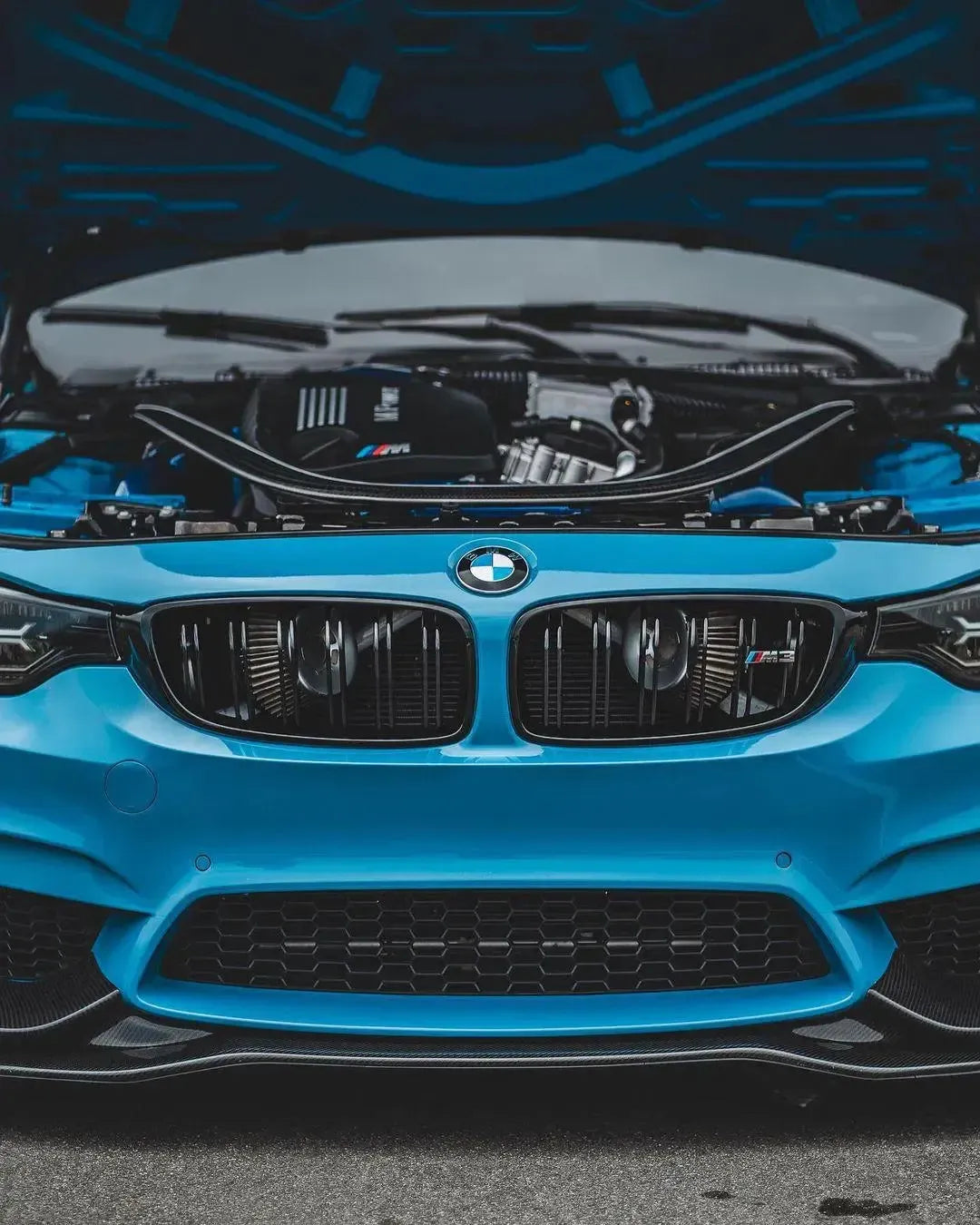 Blue BMW F80 M3 front close-up, open hood, carbon fiber front lip (PSM Style)
