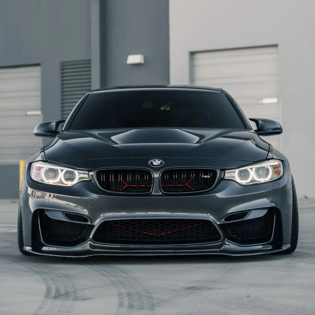 Gray BMW F80 M3 straight head-on, with carbon fiber front lip (V Style)