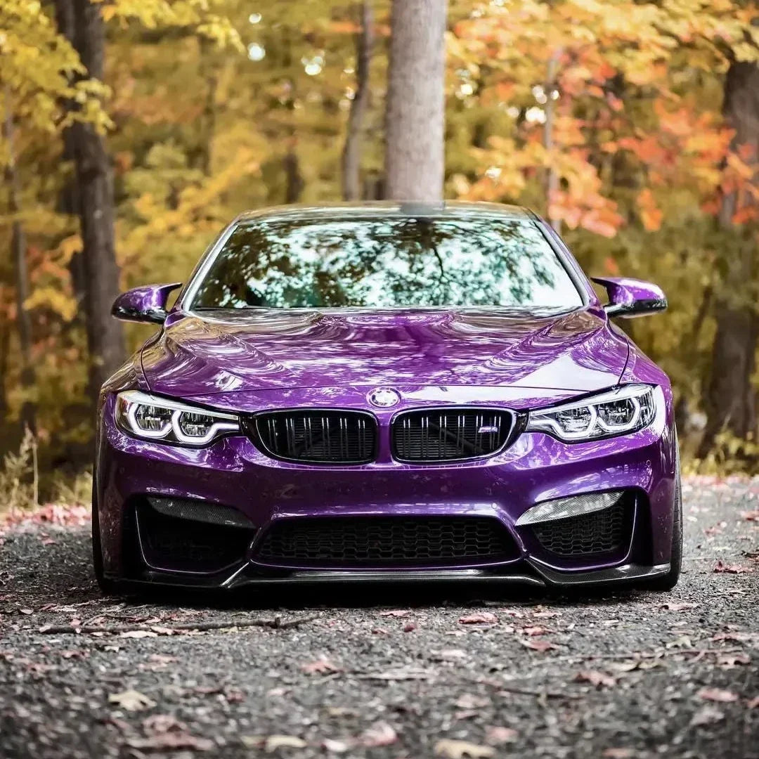 Carbon fiber front lip (VRS Style) on the front of a purple BMW F82 M4, front view