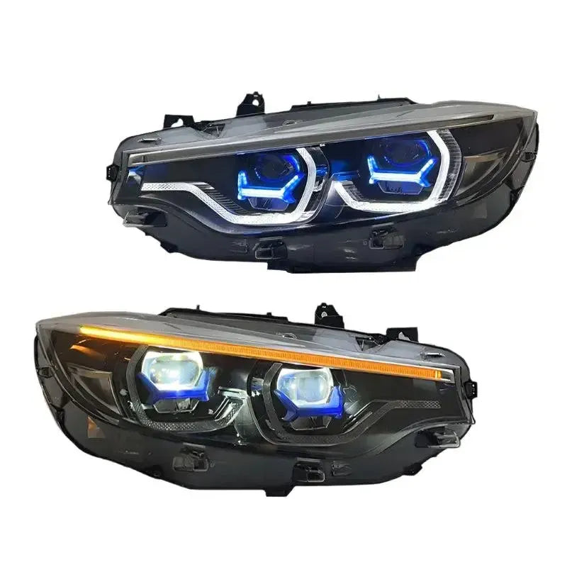 LED headlight pair with blue projectors, one with amber turn signal (Ikon X Style) – BMW F80 M3 / F82 M4 / F32