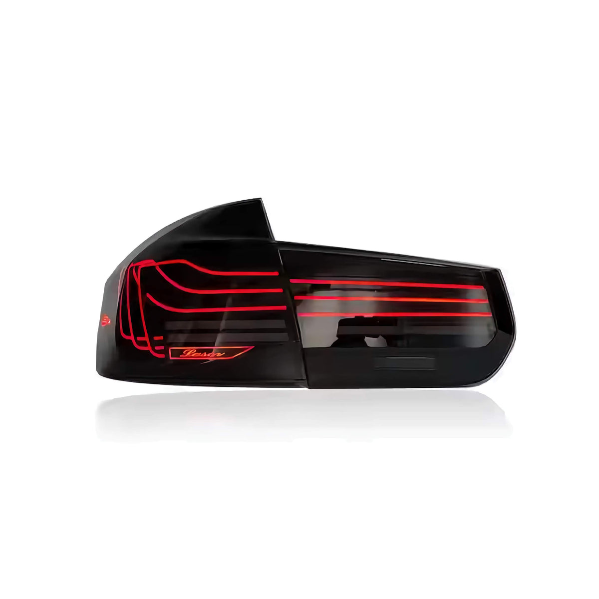 Smoked tail light pair with red laser light strips, on a white background (CSL Style) – BMW F80 M3 / F30