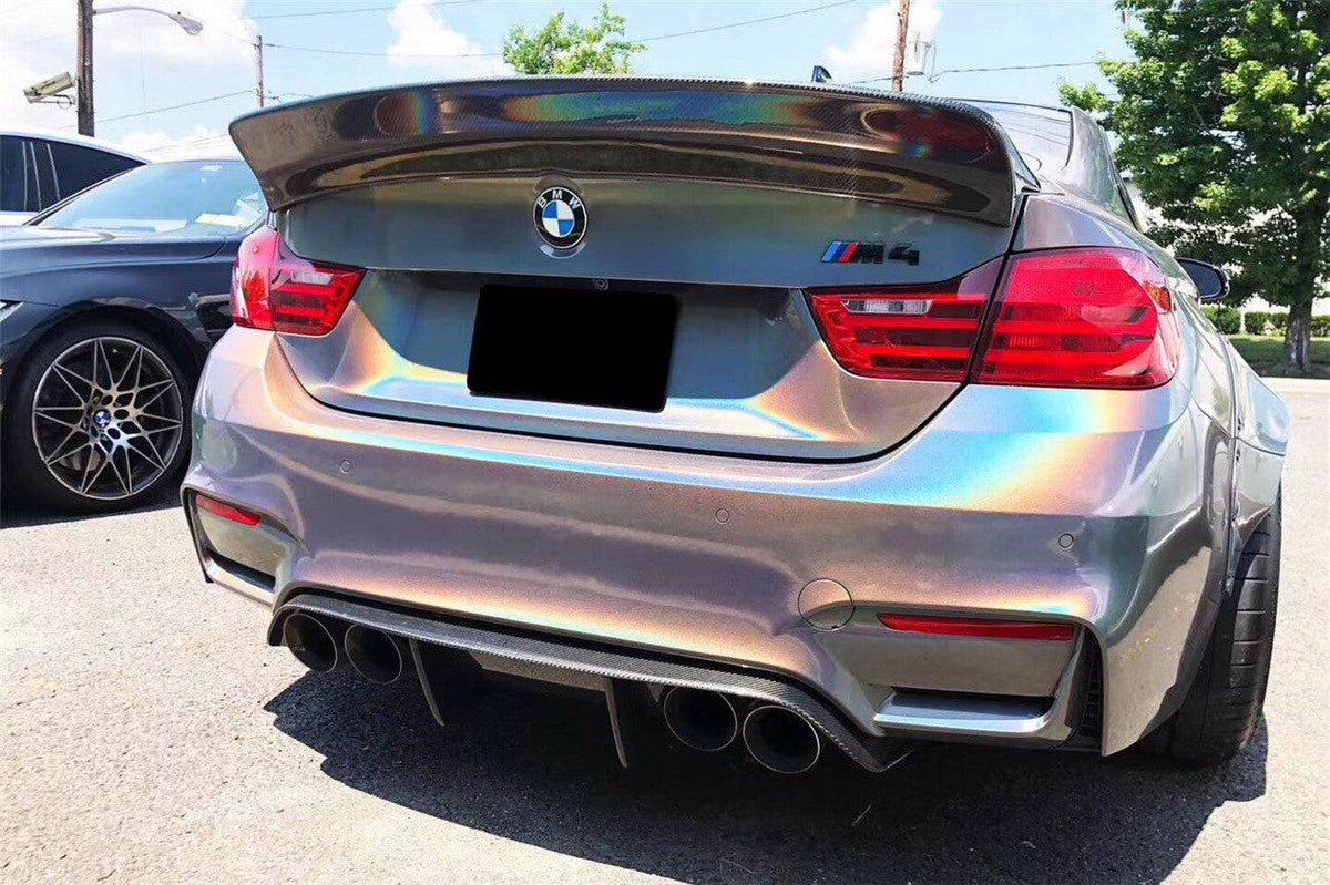 Widebody BMW M4 rear with rainbow wrap, fitted finned carbon rear diffuser (DE Style)