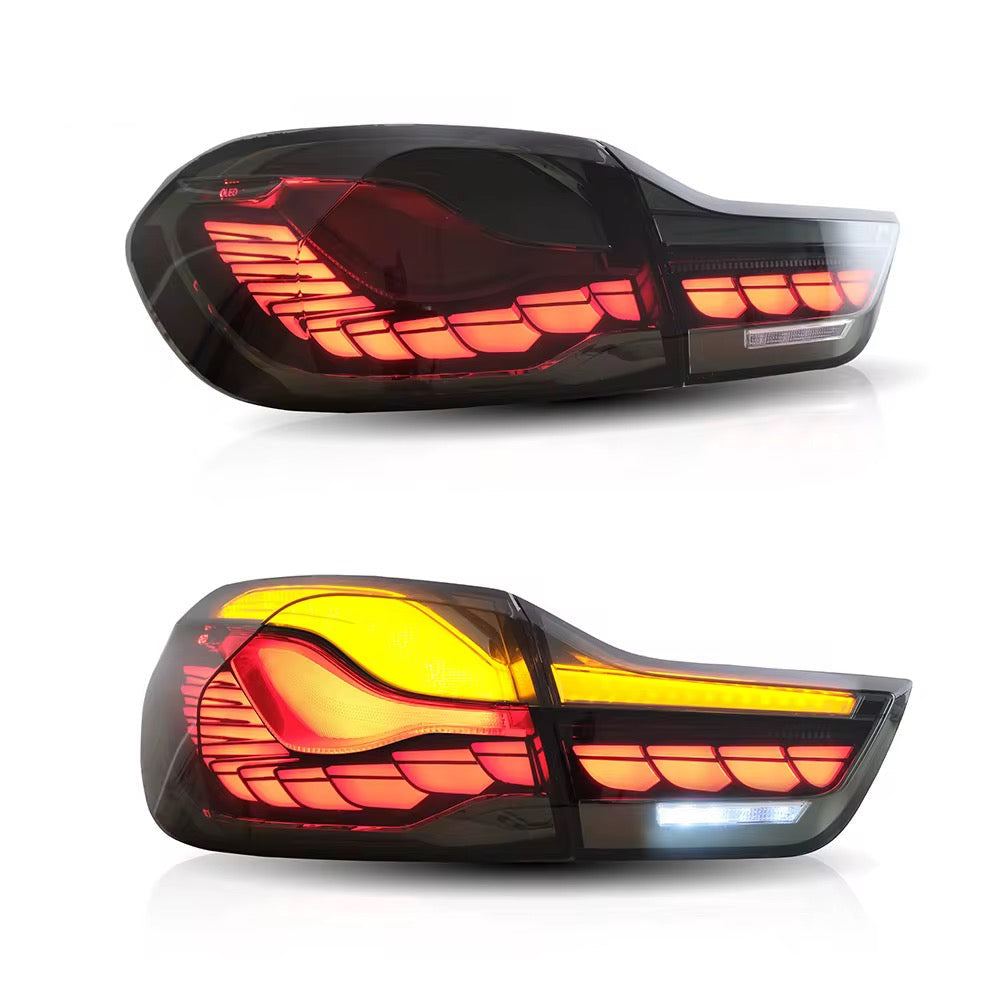 Smoked-lens sequential OLED tail light pair, with lit orange turn signal (GTS Style) – BMW F82 M4 / F32