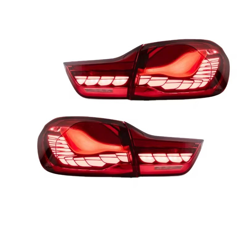 Red-lens OLED tail light pair with illuminated segments, on a white background (GTS Style) – BMW F82 M4 / F32