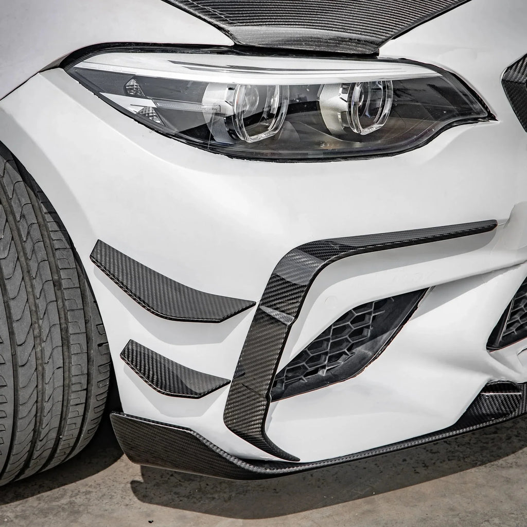 White BMW F87 M2 with SQ Style carbon fiber canards, carbon front lip and hood
