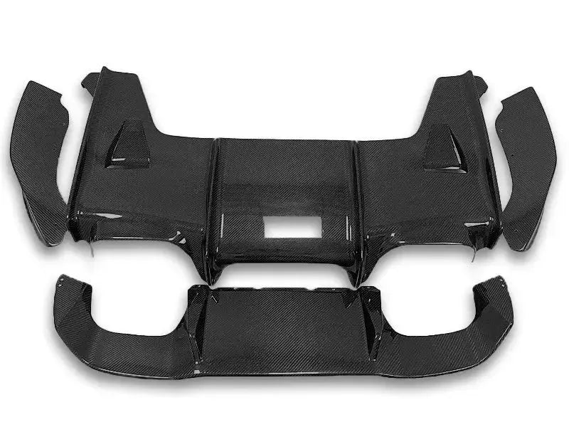 Multi-piece carbon fiber rear diffuser set laid out, top view (PSM Style) – BMW F87 M2