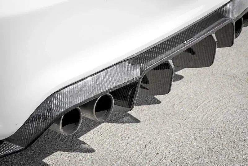 Close-up of a white BMW F87 M2 rear with fitted finned V Style carbon diffuser
