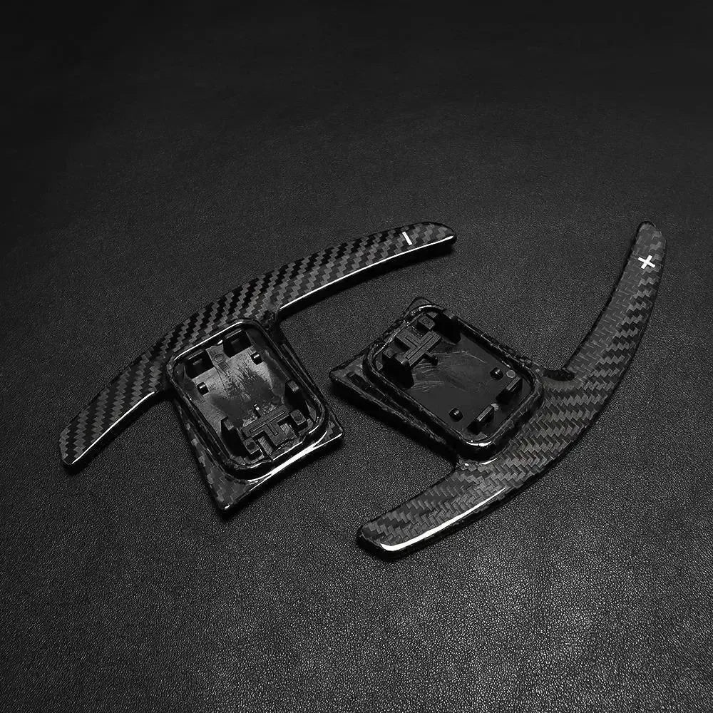 Gloss carbon paddle shifter with brackets, laid flat (Competition Style) – BMW G87 M2 / G80 M3 / G82 M4