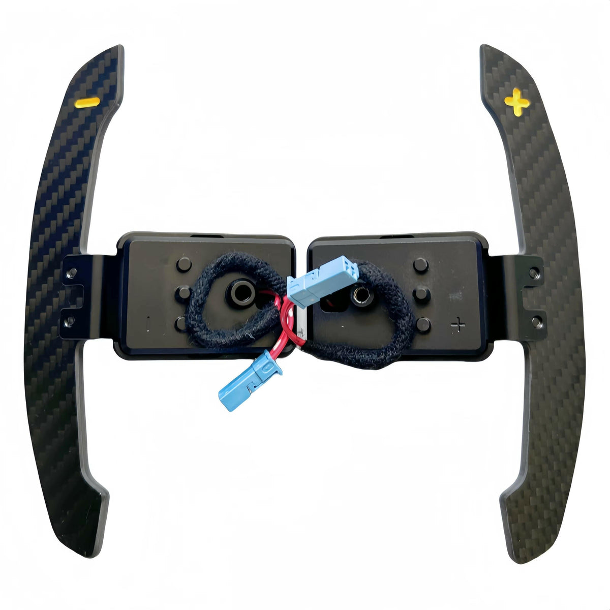 Carbon váltófül sárga +/- jelöléssel és kapcsolómodulokkal, hátulról (M Style) – BMW G87 M2 / G80 M3 / G82 M4