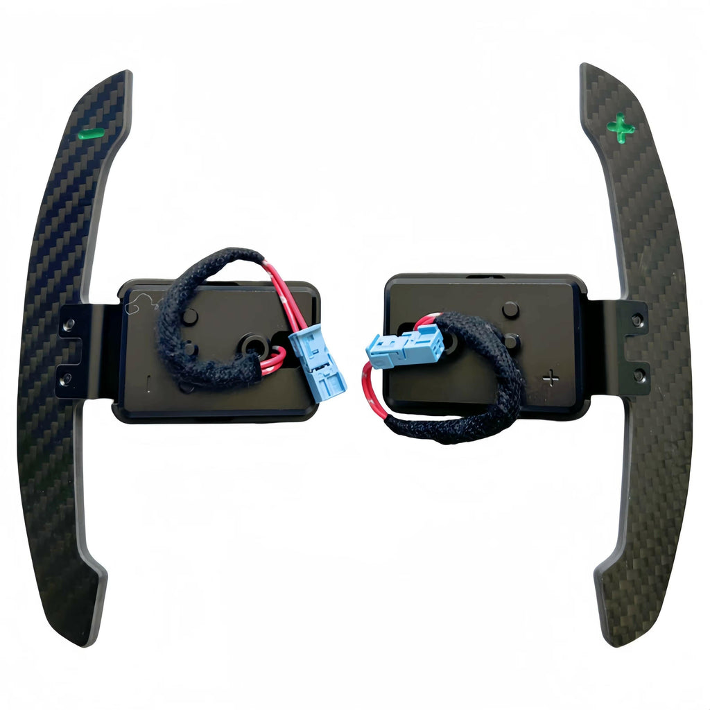 Carbon paddle shifter with green +/- markings and switch modules, from behind (M Style) – BMW G87 M2 / G80 M3 / G82 M4