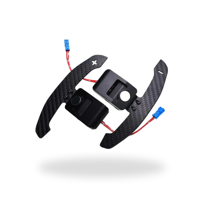 Magnetic carbon paddle shifters with switch modules, angled view – BMW G87 M2 / G80 M3 / G82 M4