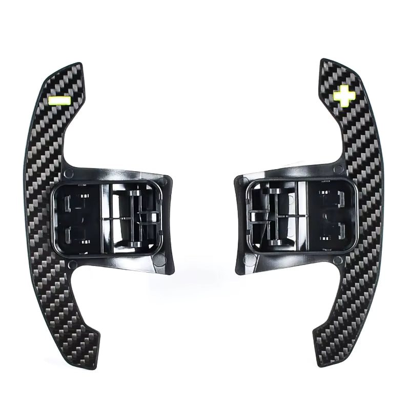 Carbon váltófül sárga +/- jelöléssel és klipszes rögzítővel, hátulról (MP Style) – BMW G87 M2 / G80 M3 / G82 M4