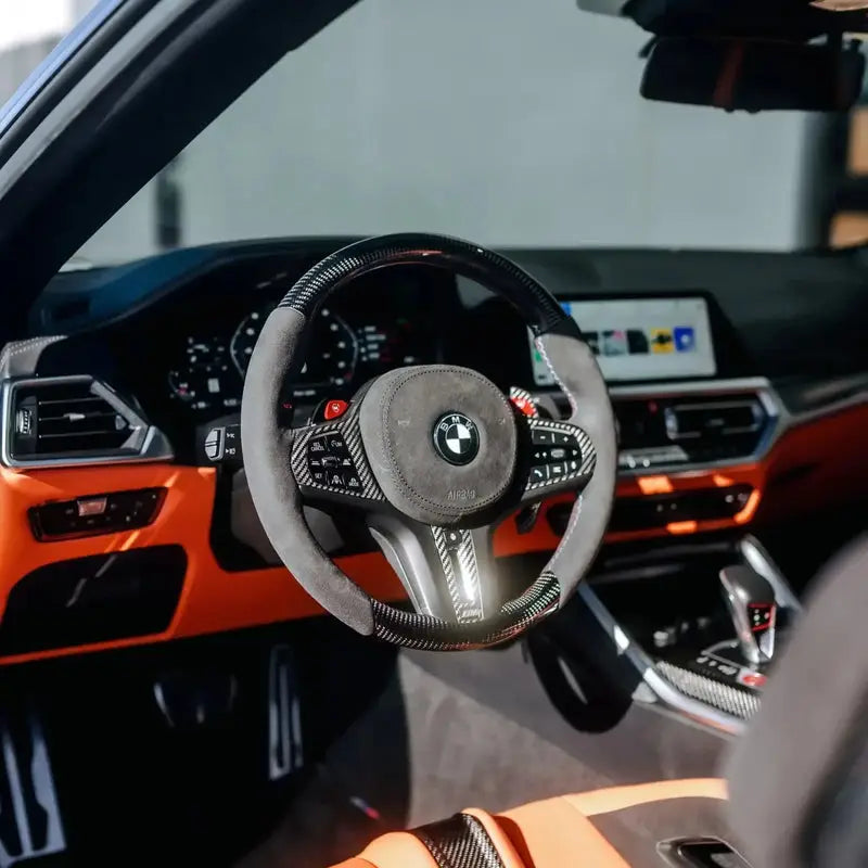 Bmw g szériás egyedileg készített kormány carbon fiber és suede borítással piros gombokkal m3 kipufogó kompatibilis