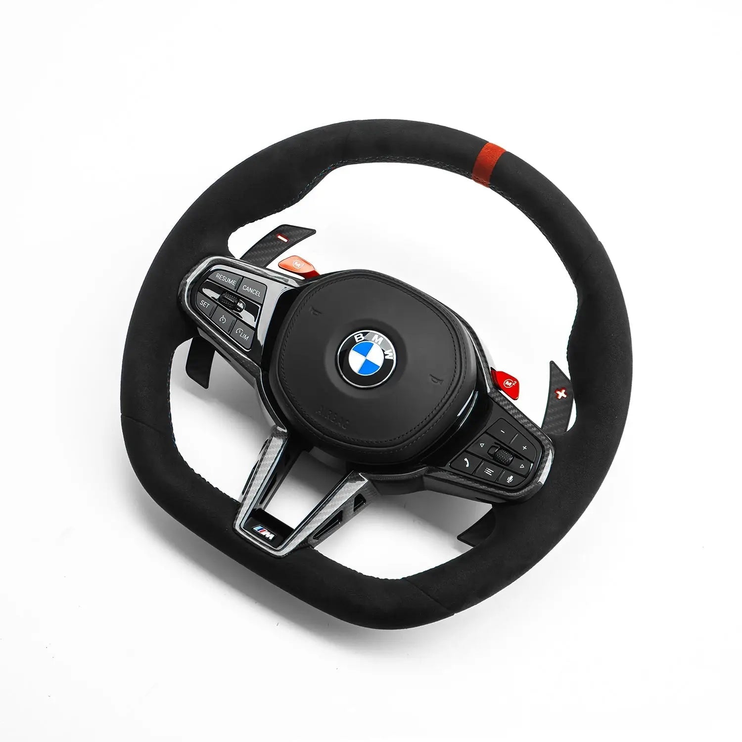 Bmw g szériás alcantara kormány fekete piros szegéllyel és carbon fiber részletekkel kipufogó rendszerhez