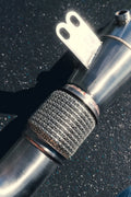Catless B58 downpipe, close-up of the braided flex section and bracket – BMW G20 M340i