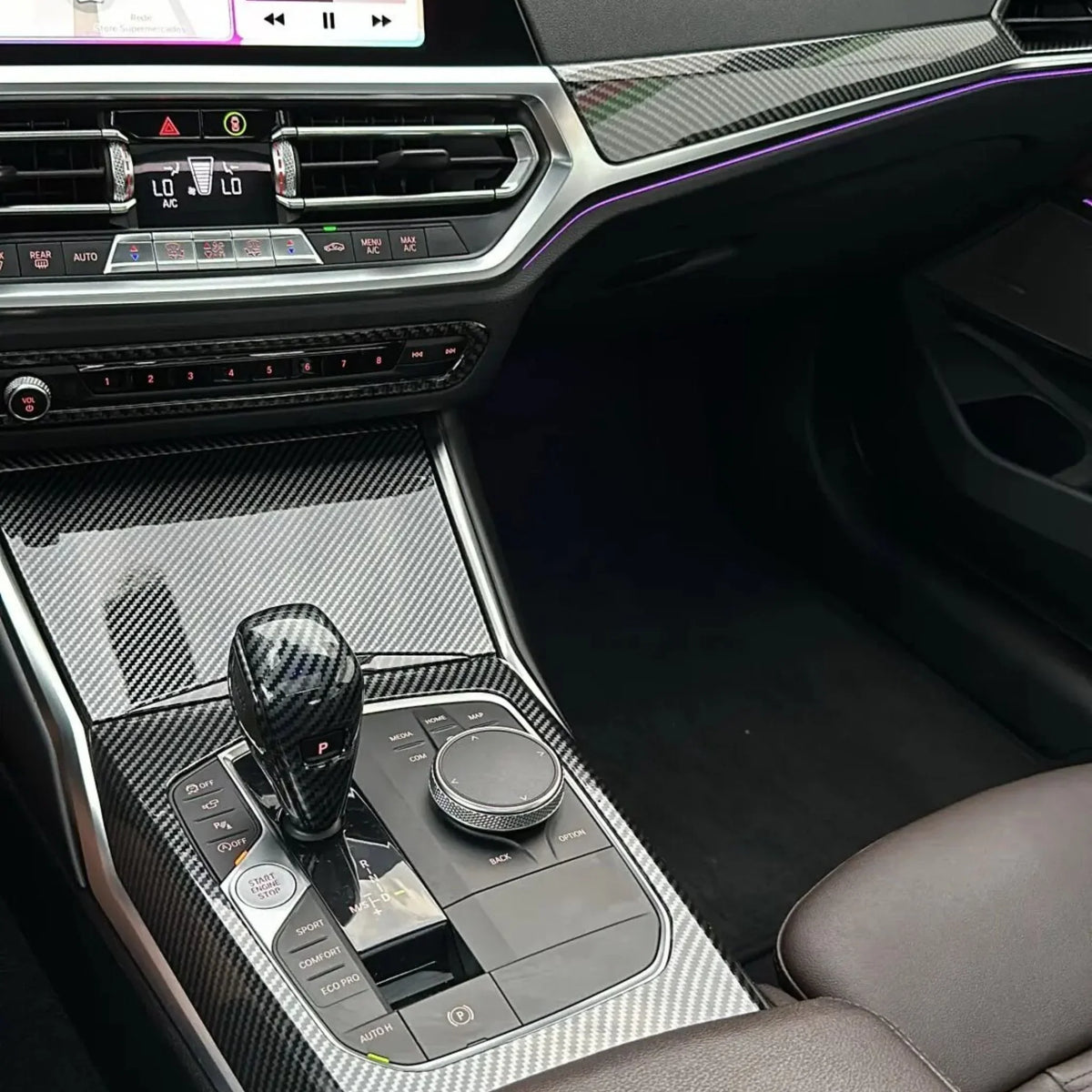 BMW G20 center console with the installed pieces of the full carbon interior trim set