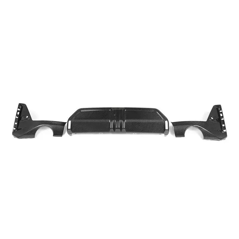 Three-piece carbon fiber rear diffuser, rear view, against a white background (Euro Style) – BMW G20 3 Series