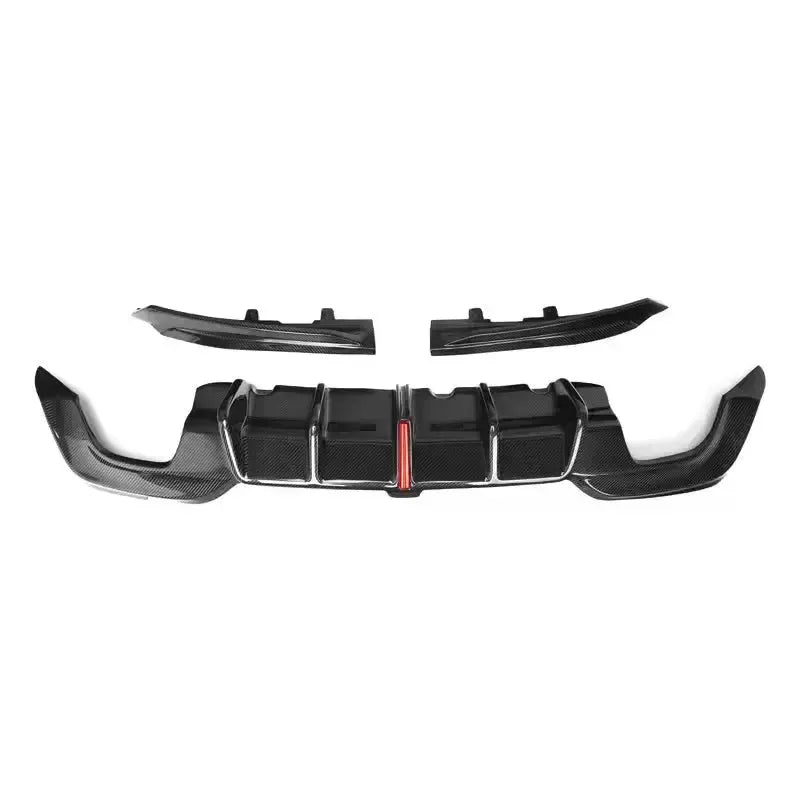 Three-piece carbon rear diffuser for M340i with corner covers, front view (KB Style) – BMW G20 3 Series