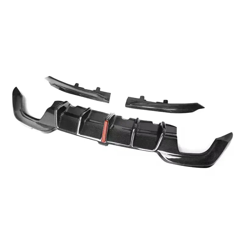 Three-piece carbon fiber rear diffuser, angled top view (KB Style) – BMW G20 3 Series