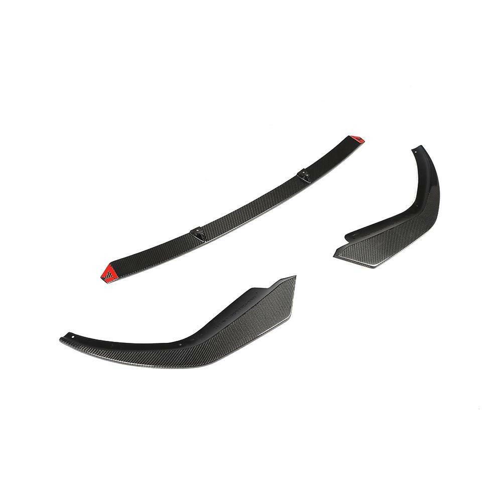 Three-piece carbon fiber front lip, side three-quarter view (Euro Style V2) – BMW G20 3 Series