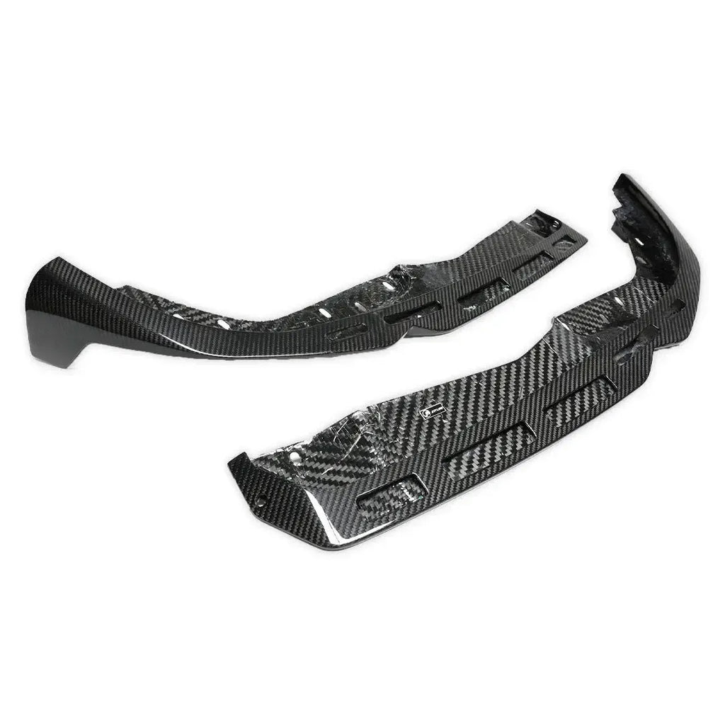 Underside of the two carbon front lip halves with weave pattern and mounting points (MP Style V2) – BMW G20 3 Series