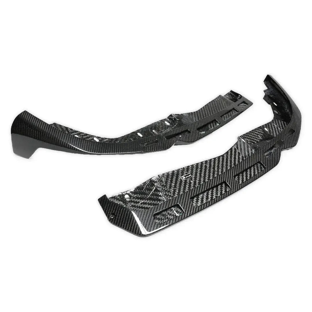Underside of the two carbon front lip halves with weave pattern and mounting points (MP Style V2) – BMW G20 3 Series