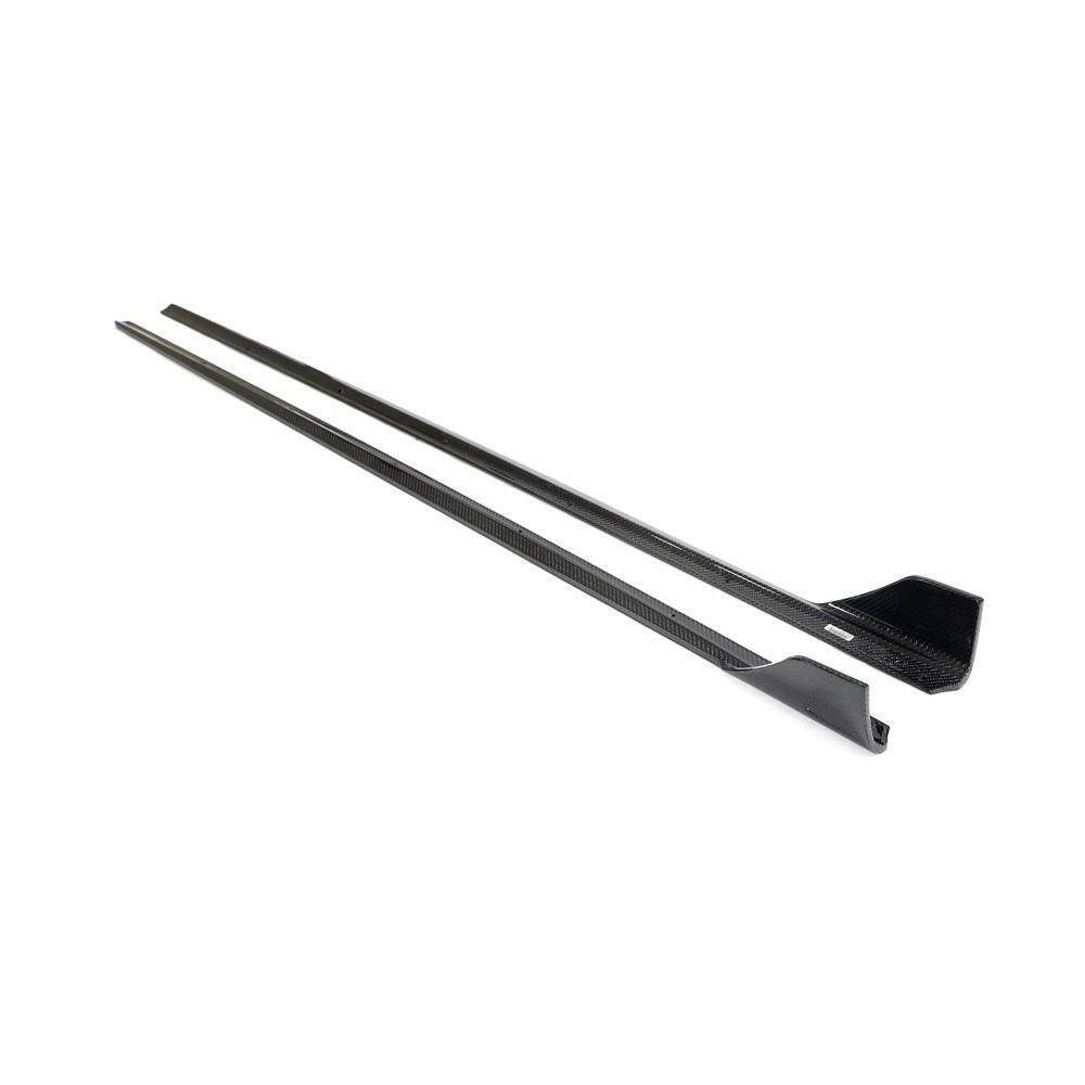Carbon side skirts with rear fin, angled view (TK Style) – BMW G20 3 Series