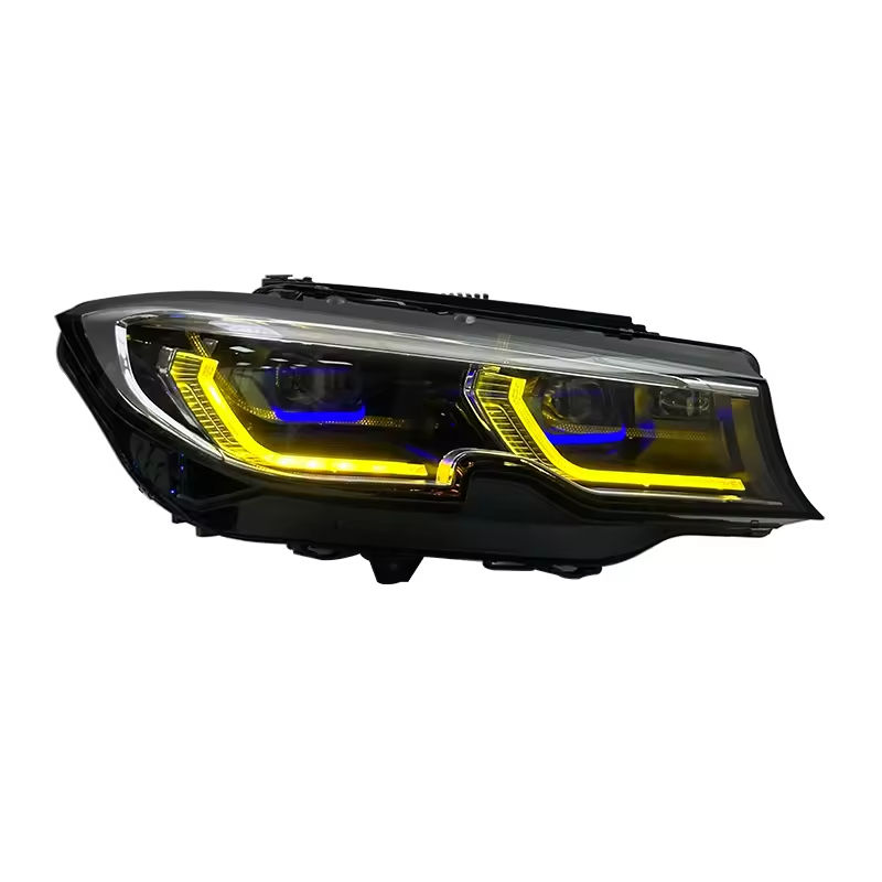 LED headlight lit with yellow DRL on a white background (Dual-Color Laser Style) – BMW G20 3 Series