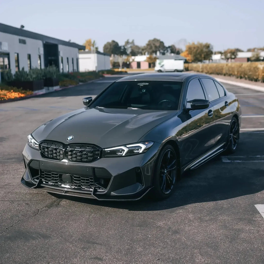 Gray BMW G20 LCI, distant front three-quarter view, LED headlights with white DRL (LCI Style)