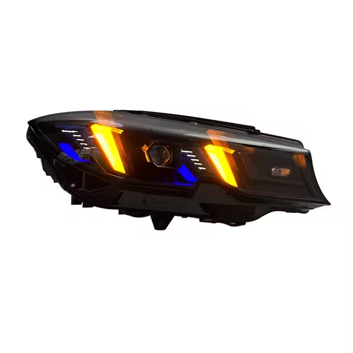 LED headlight lit with amber DRL and blue insert (Snake Eyes Style) – BMW G20 3 Series