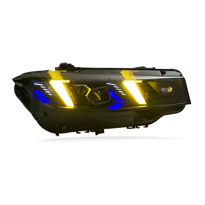 Headlight from a three-quarter angle, yellow DRL and blue insert lit (Snake Eyes Style) – BMW G20 3 Series