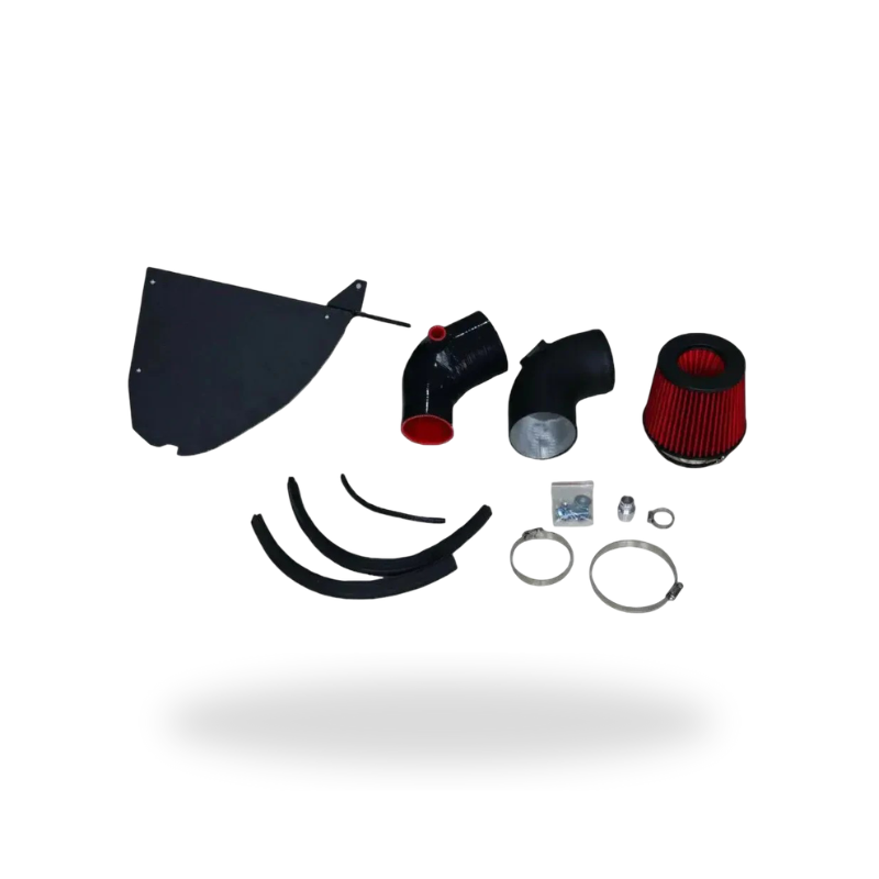 M340i cold air intake system parts laid out: filter, pipes, hardware – BMW G20 M340i / 330i
