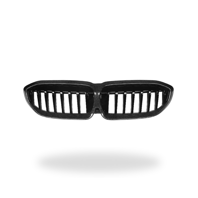 Single-slat carbon kidney grille with gloss black slats, front view – BMW G20 3 Series