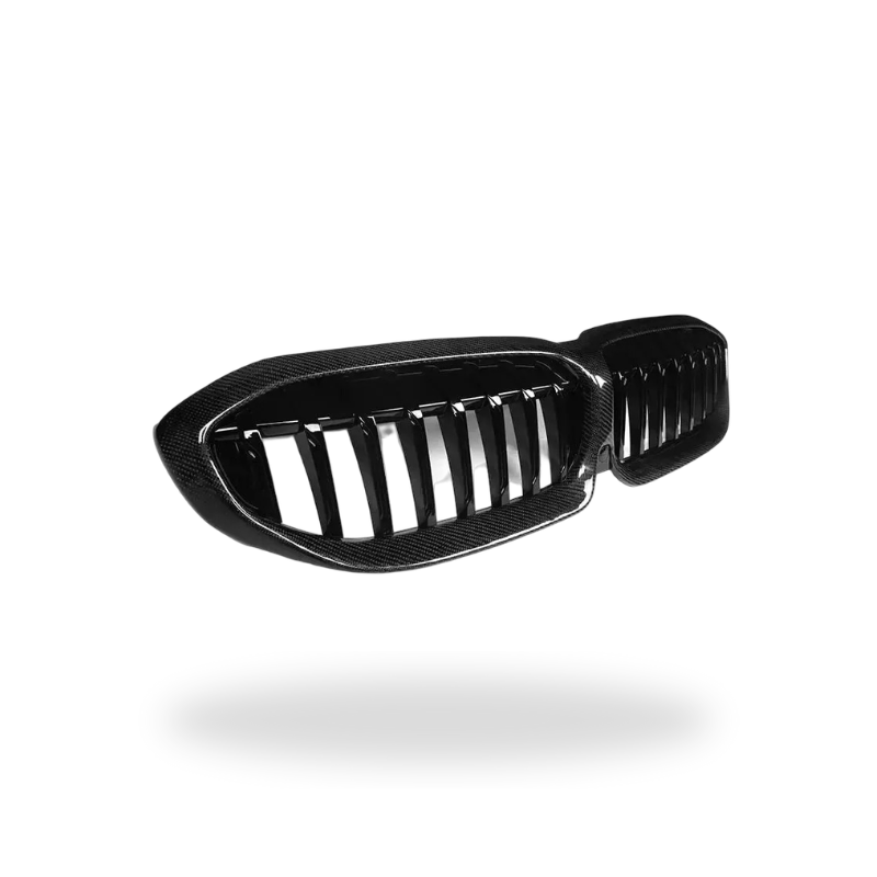 Carbon-framed single-slat kidney grille from the right, angled view – BMW G20 3 Series