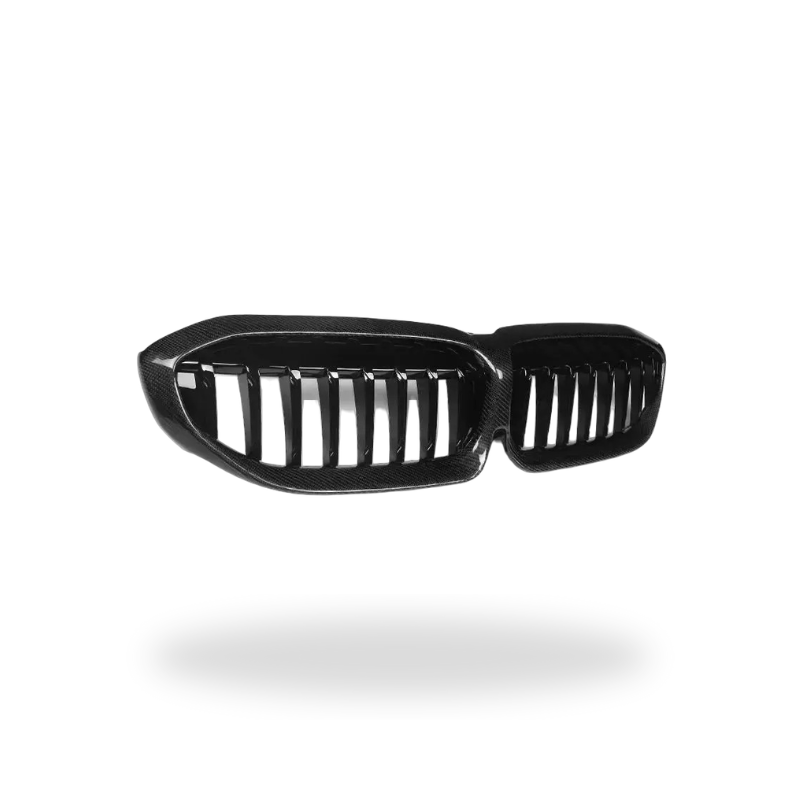 Single-slat carbon kidney grille, front view at a slight angle – BMW G20 3 Series