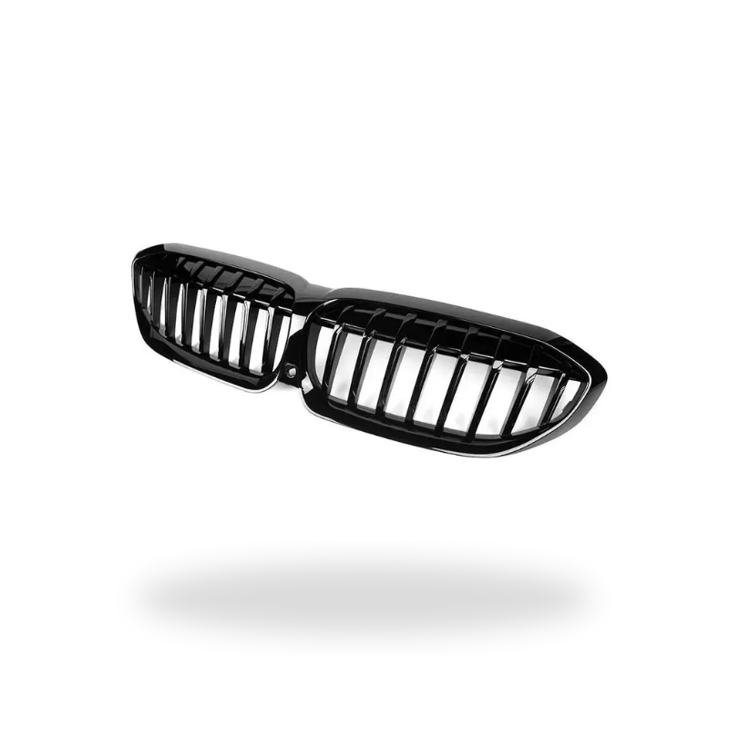 Gloss black single-slat kidney grille, angled view, on a white background – BMW G20 3 Series