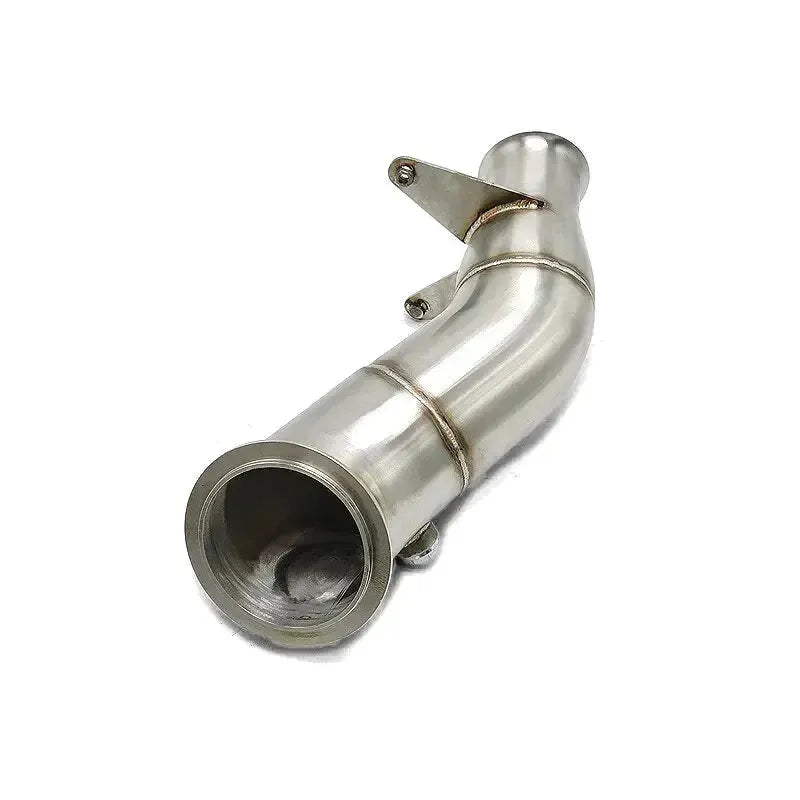 Stainless steel N55 downpipe with outlet flange, three-quarter view – BMW F87 M2