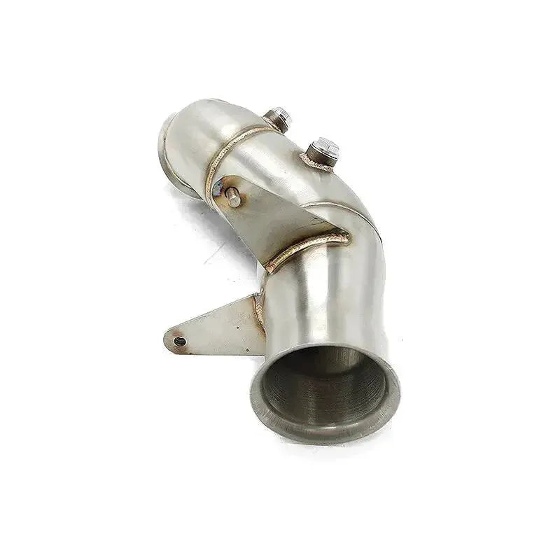Outlet end of stainless steel N55 downpipe with mounting bracket – BMW F87 M2
