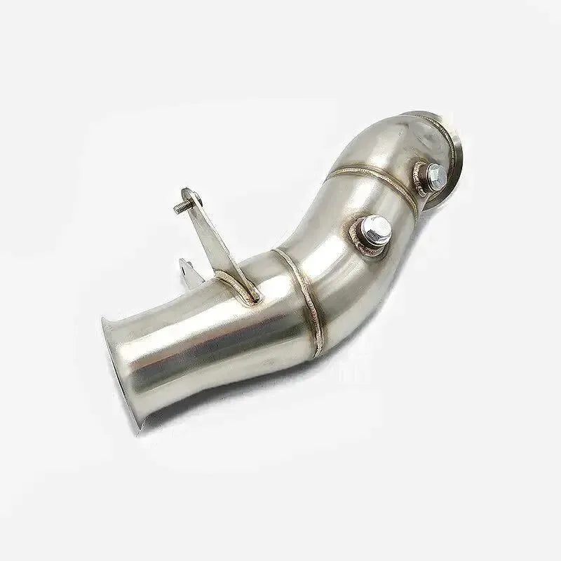 Stainless steel N55 downpipe from the side, with O2 sensor bung – BMW F87 M2