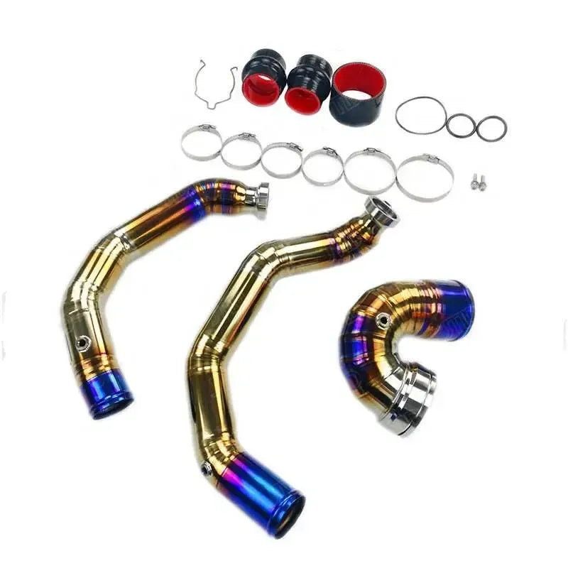3 burnt titanium-colored charge pipes with silicone couplers and clamps – BMW F80 M3 / F82 M4 (S55)