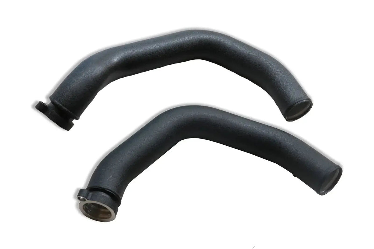 Wrinkle-finish black aluminum charge pipes, 2 pieces on a white background – BMW F80 M3 / F82 M4 (S55)