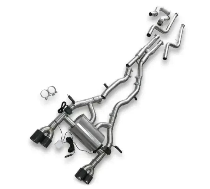 Silver, unburnt titanium catback with black tips, valve wiring and clamps – BMW F80 M3 / F82 M4