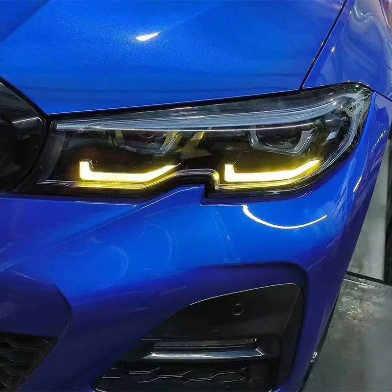Vibráló kék bmw minden g széria drl csl lámpa modul modern led dizájnnal és narancssárga nappali fényekkel karbon kipufogó rendszerhez