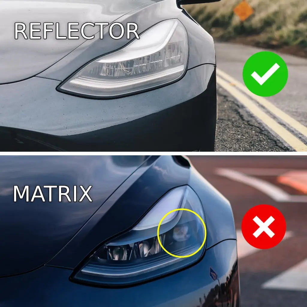 Az egyenesen sárga lámpa modul összehasonlítja a reflector fényszórót zöld pipával vw tesla audi cupra bmw m3 kipufogó carbon fiber kipufogó rendszerhez