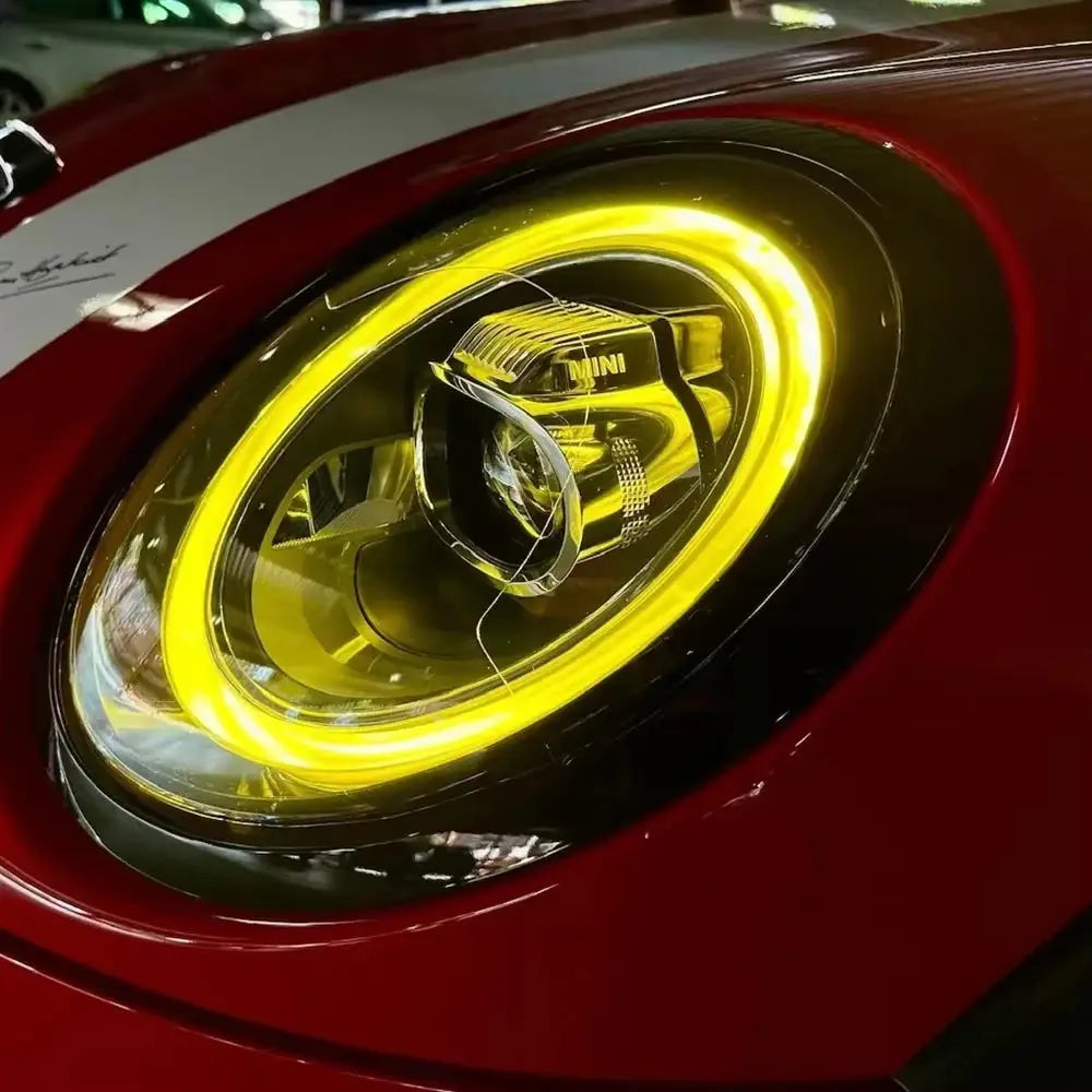 DrL csl sárga lámpa modul mini logóval, sárga kör alakú fényszóró króm díszítéssel, alkalmas vw tesla audi bmw m3 kipufogó rendszerhez